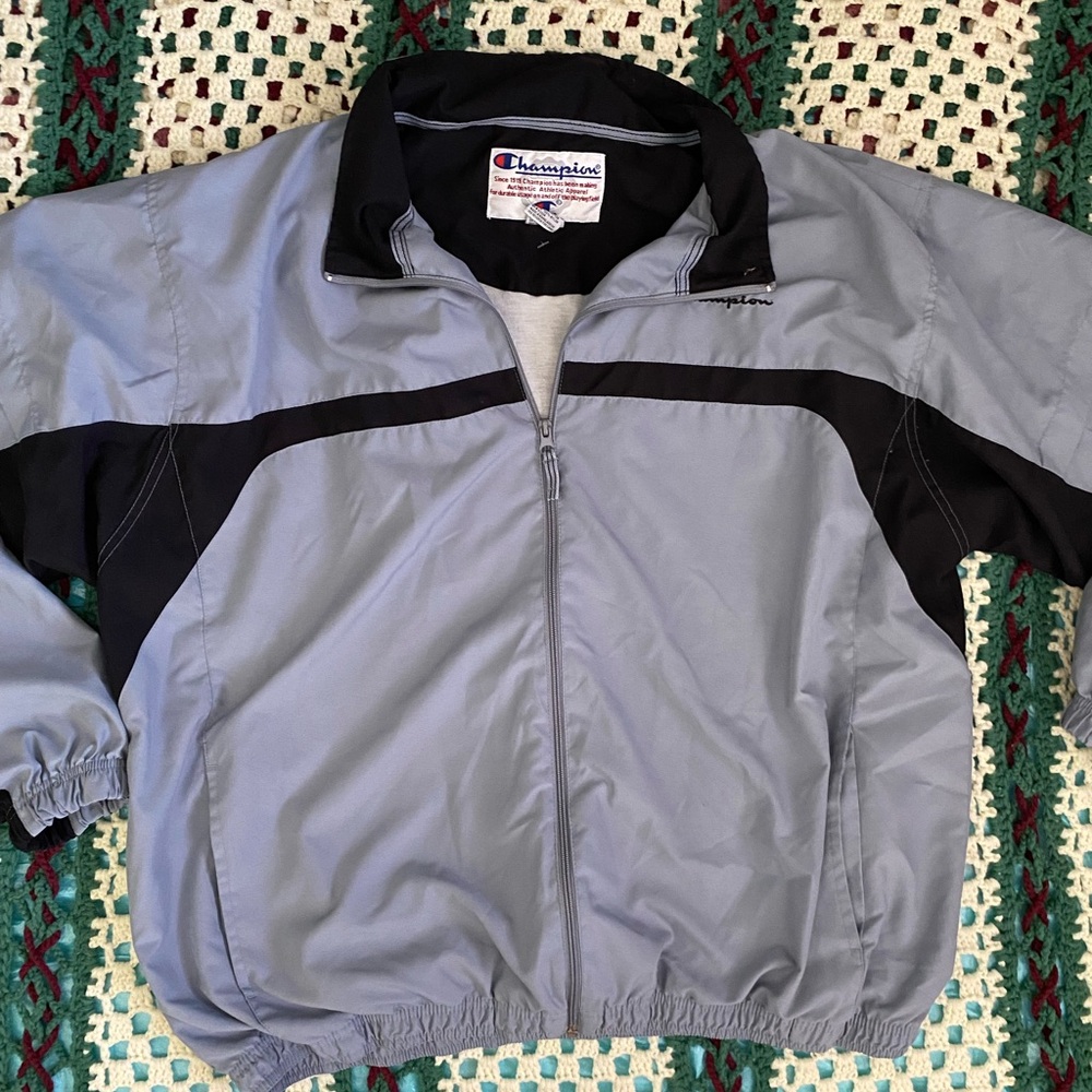 VINTAGE 90s BLUE GREY AND BLACK CHAMPION WONDBREAKER JACKET
